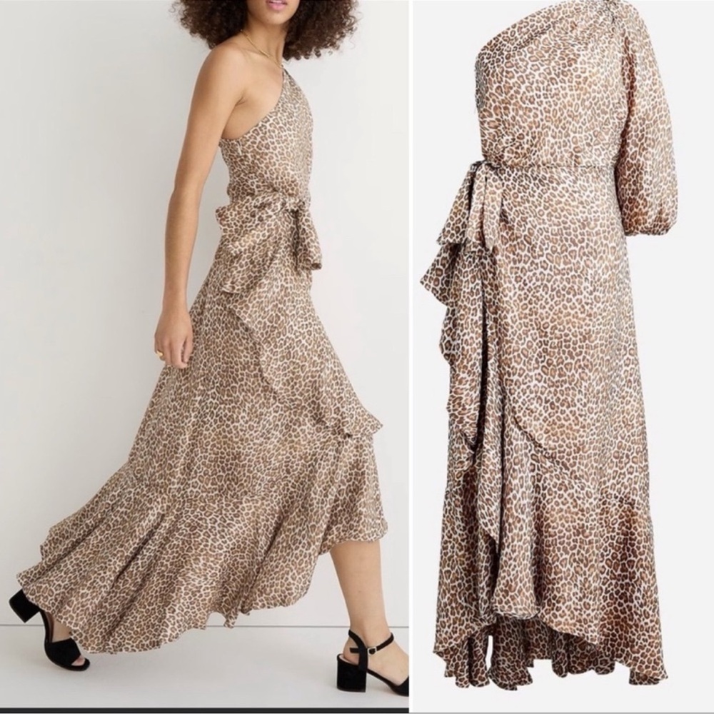 J. Crew Collection Tan Leopard One-Shoulder Dress 0